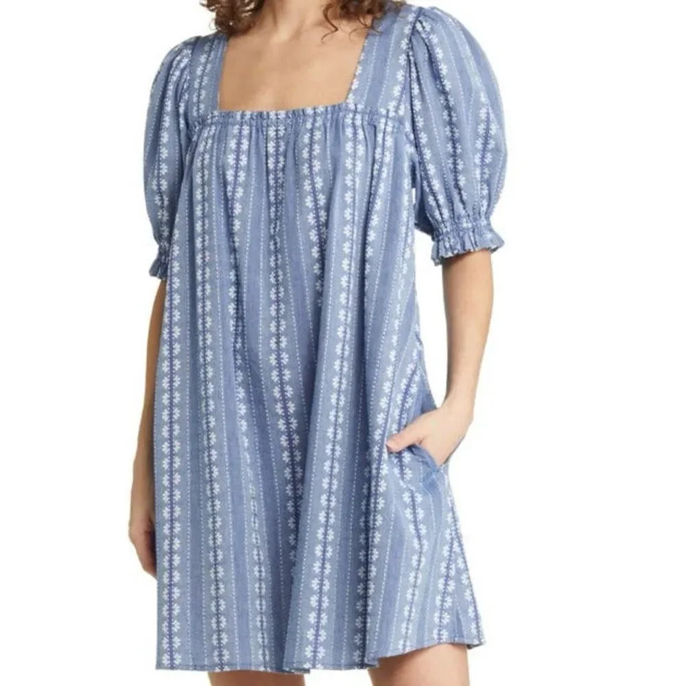 Treasure & Bond Denim Embroidered Puff Sleeve Mini Dress Boho Casual Size XL - Picture 1 of 12